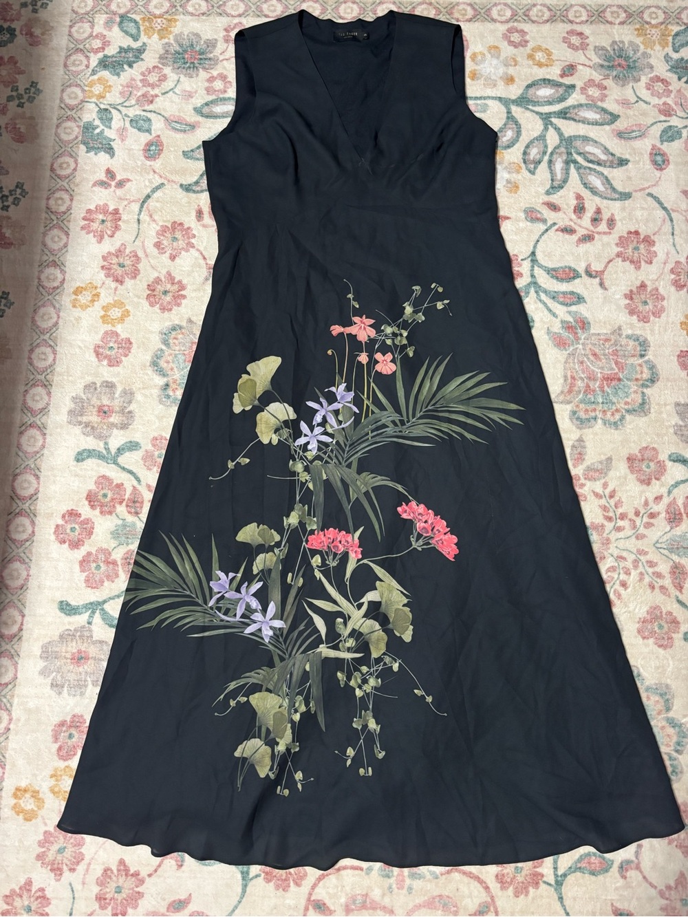 Ted Baker Black Midi Dress with Floral Botanical Print